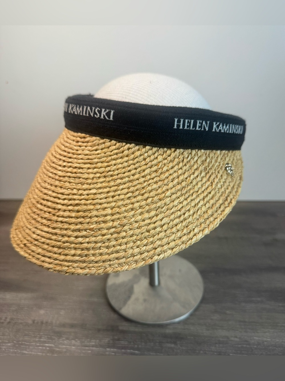 Helen Kaminski Bianca Tan Straw Visor with Black Logo Band